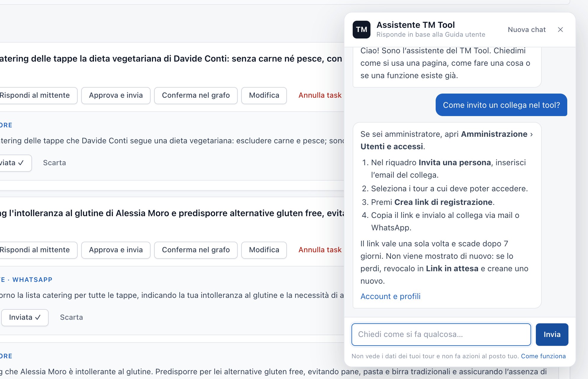 L'assistente aperto sopra una pagina del tool