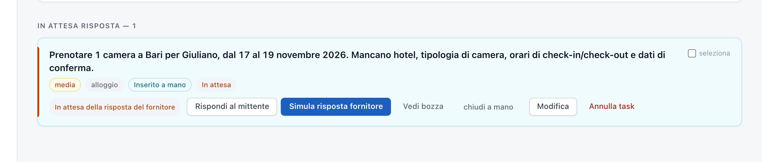 Un task in attesa della risposta del fornitore