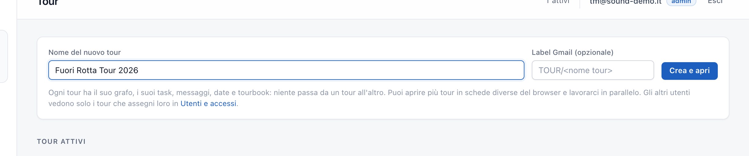 Creare un nuovo tour (amministratore)